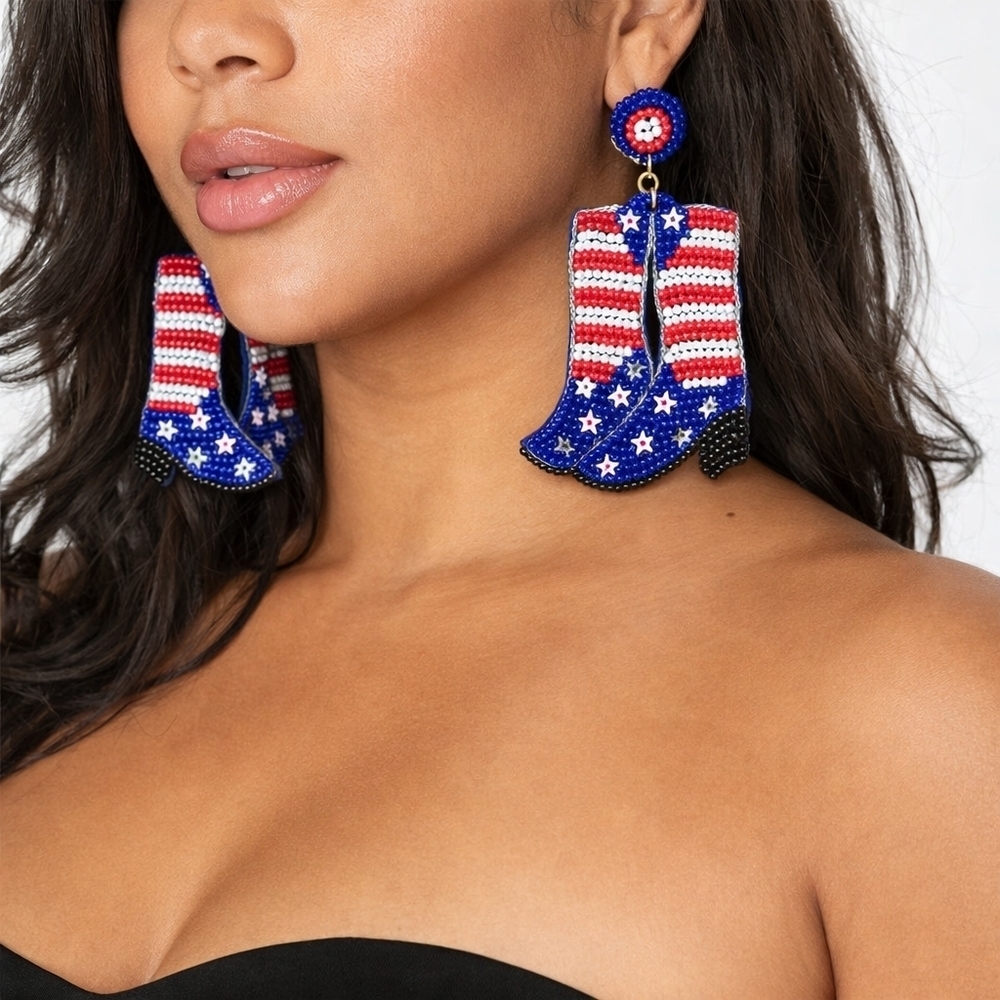 Patriotic red white blue stars stripes cowboy cowgirl boot pierced earrings